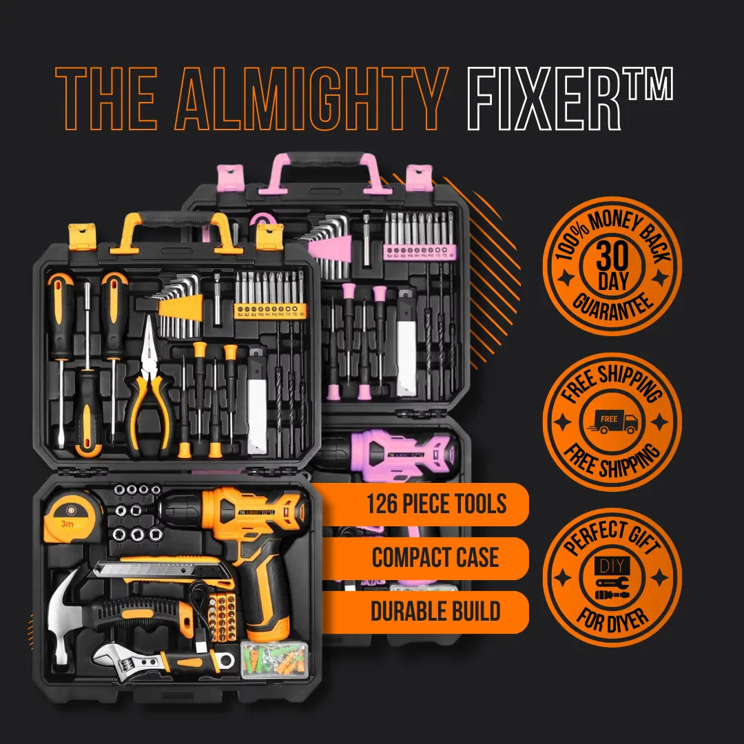 The Almighty Fixer compact apartment tool kit — 126-piece all-in-one toolkit in a portable case