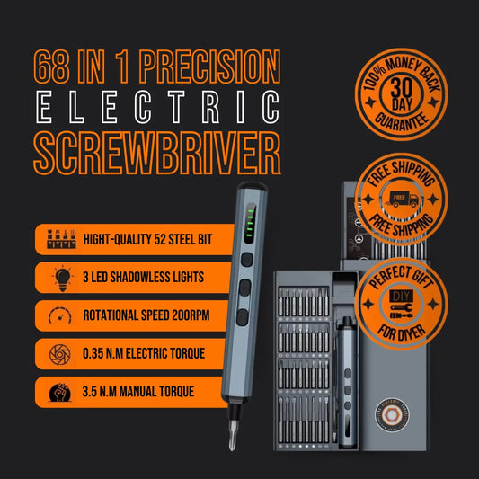 68 in 1 precision electric screwdriver kit with LED lights, 52 steel bits, and display case