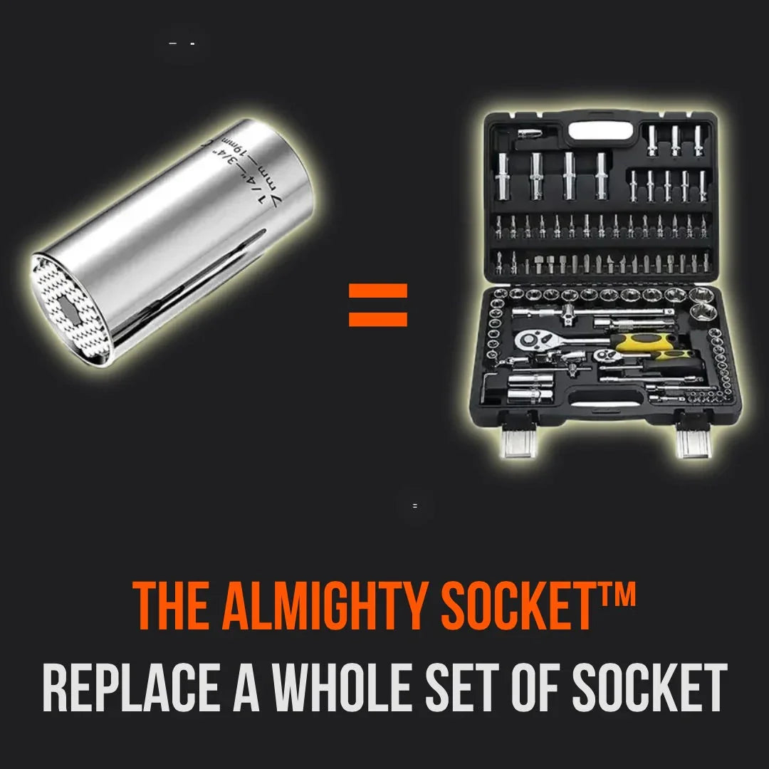 Universal socket tool replaces full socket wrench set, labeled The Almighty Socket.