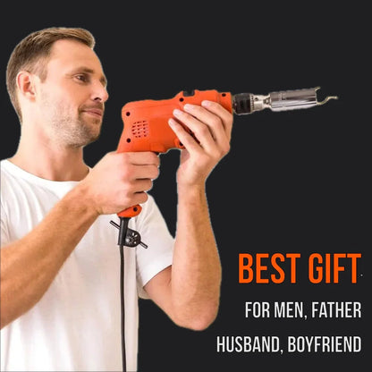 Man using orange power drill gift for men, father, husband, boyfriend on black background