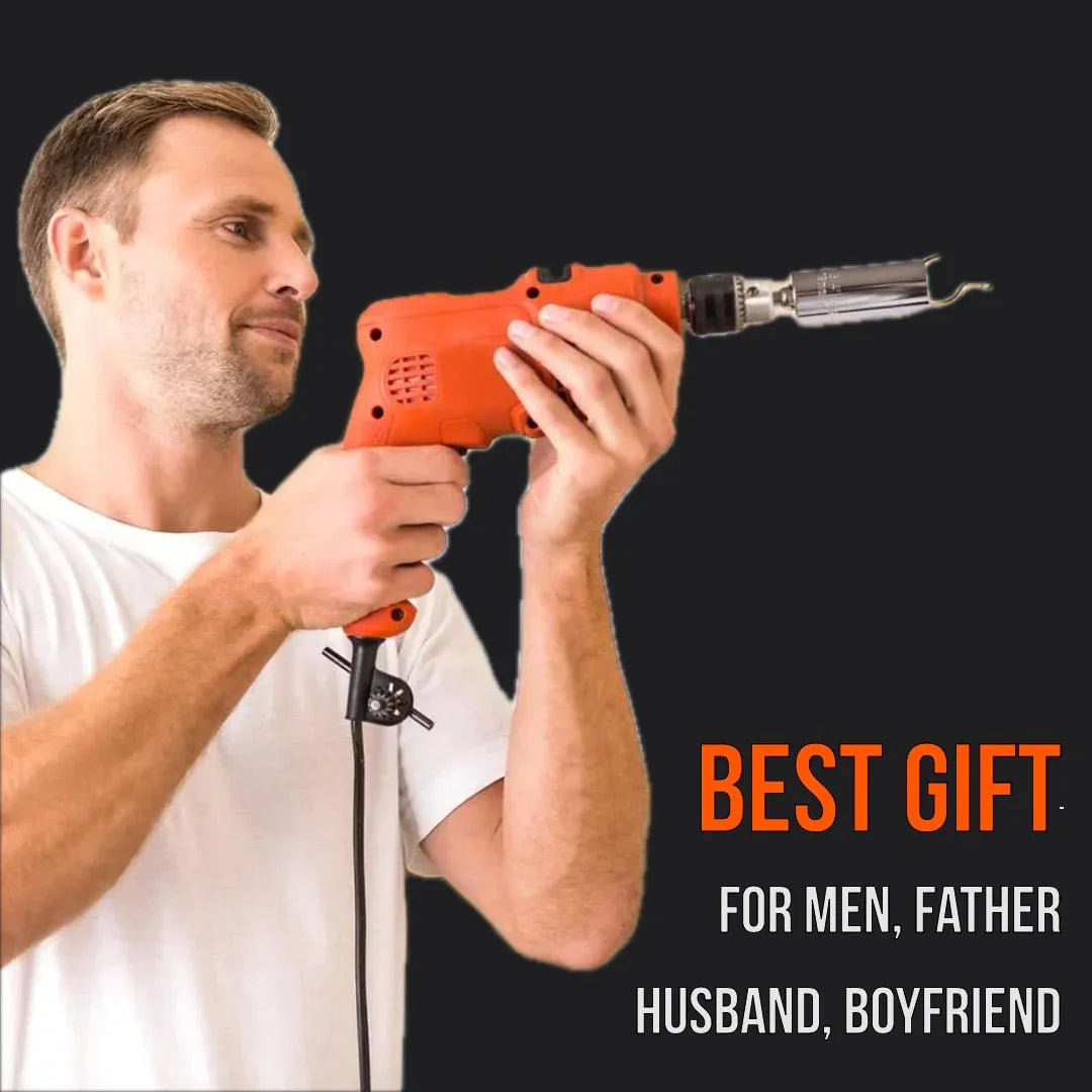 Man using orange power drill gift for men, father, husband, boyfriend on black background
