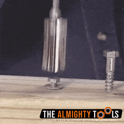 Universal socket tool unscrewing bolt from wood with The Almighty Tools logo visible