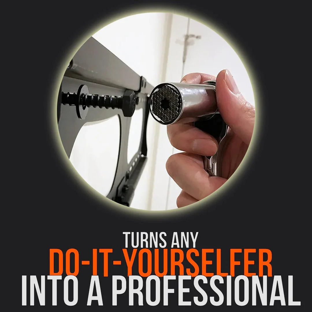 Universal socket tool being used on a bolt, DIY and professional tool marketing concept.