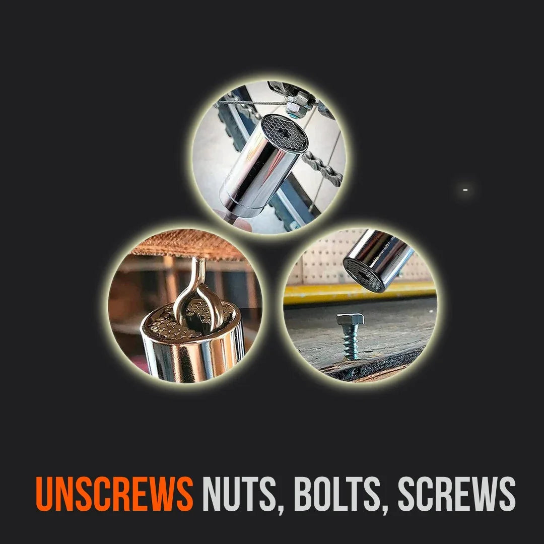 Universal socket tool unscrewing nuts, bolts, screws on black background