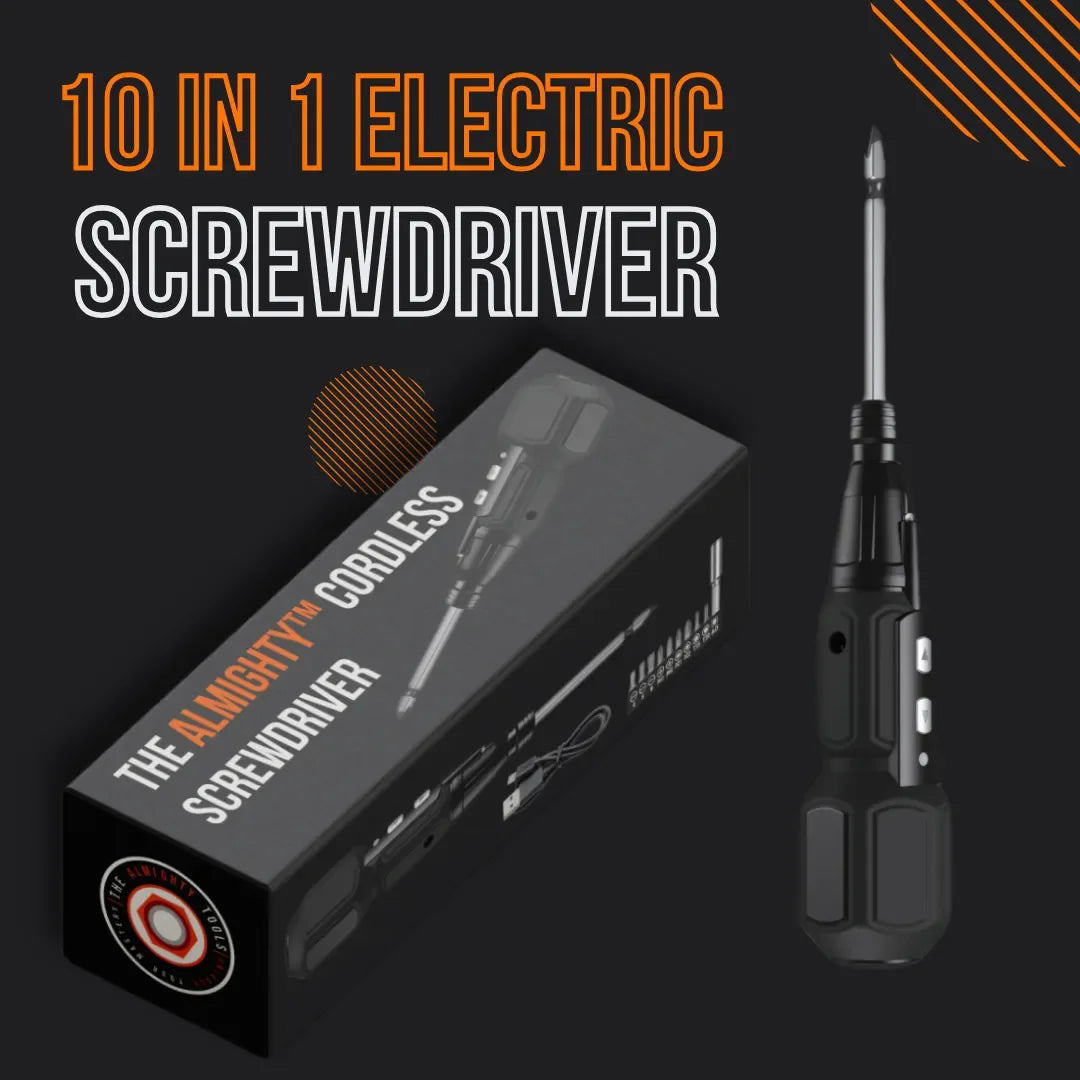 10 in 1 electric cordless screwdriver and product box on black background