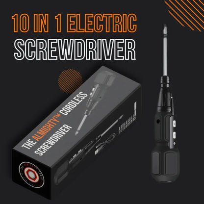 10 in 1 electric cordless screwdriver and product box on black background