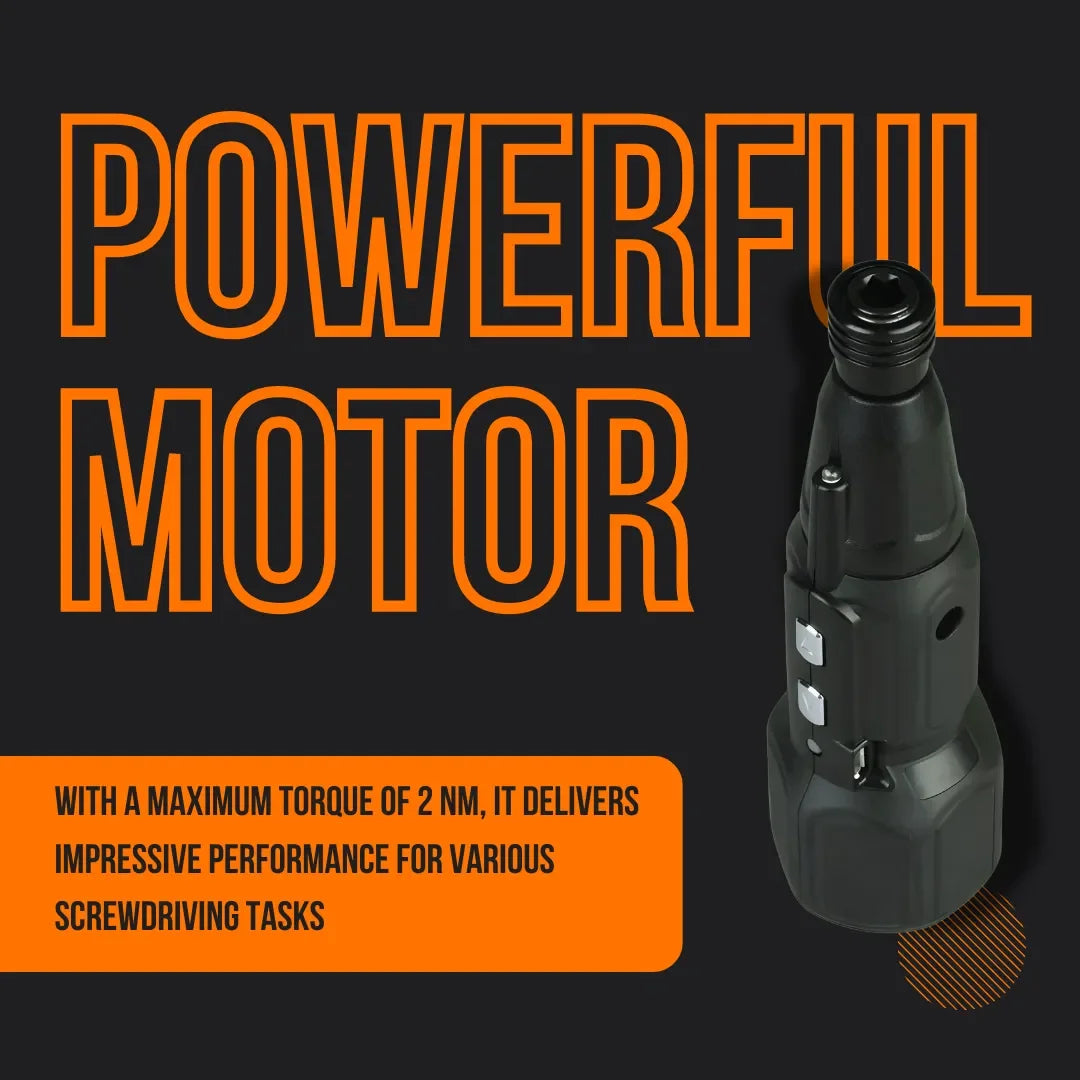 Cordless screwdriver with powerful motor and maximum torque of 2 Nm on dark background