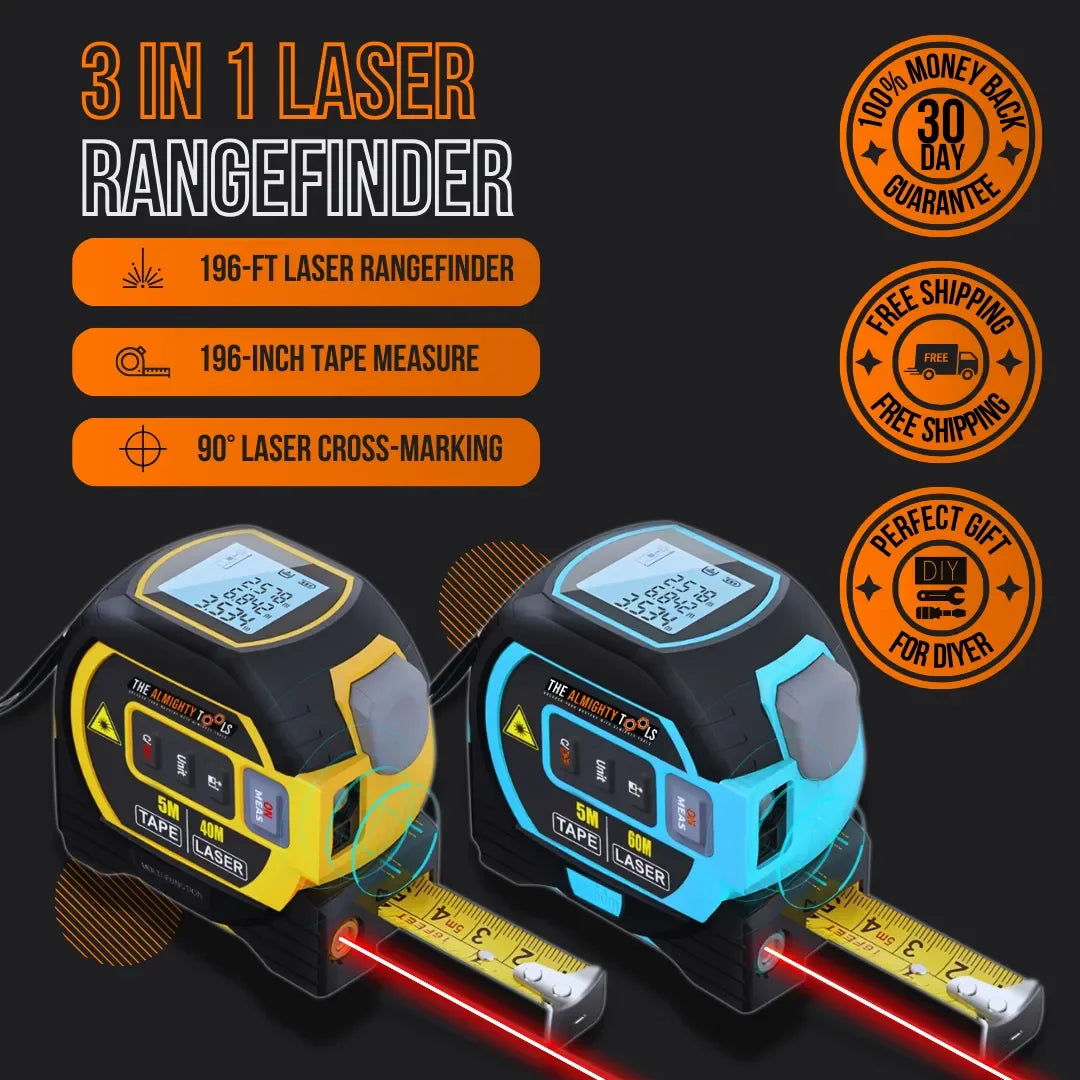 3 in 1 laser rangefinder with digital display, tape measure, and laser cross-marking tool
