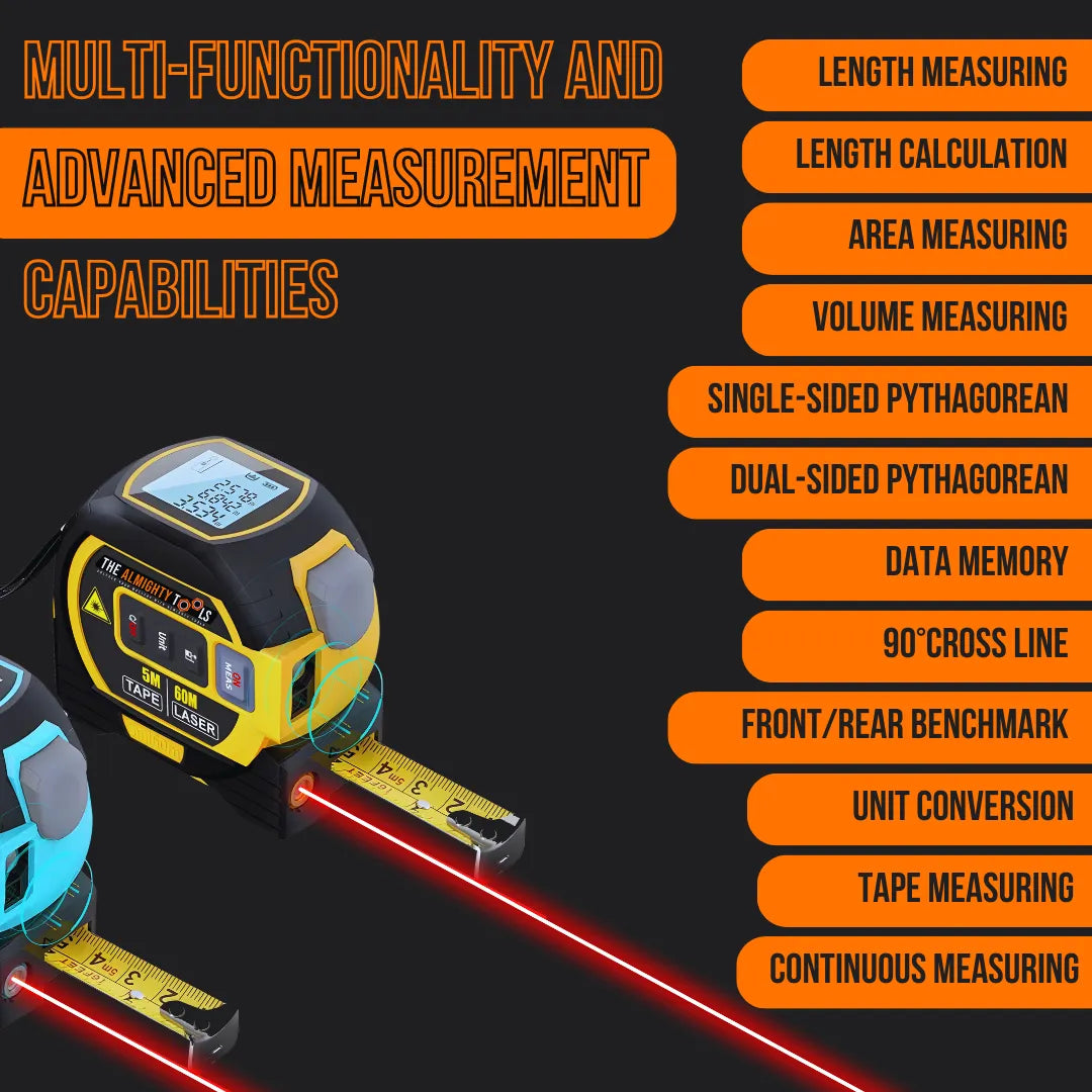 Digital laser tape measure tool with LCD screen and multiple measurement features listed