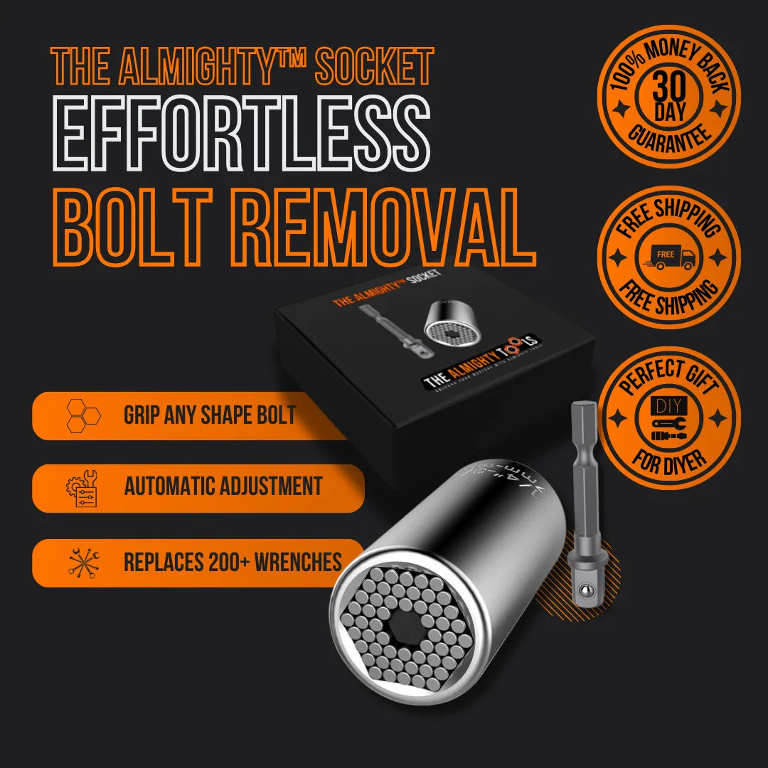 The Almighty Socket tool with universal design for effortless bolt removal, gift packaging, and feature icons.