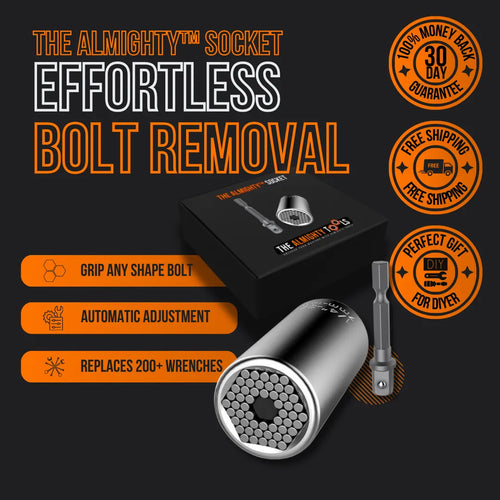 The Almighty Socket tool with universal design for effortless bolt removal, gift packaging, and feature icons.