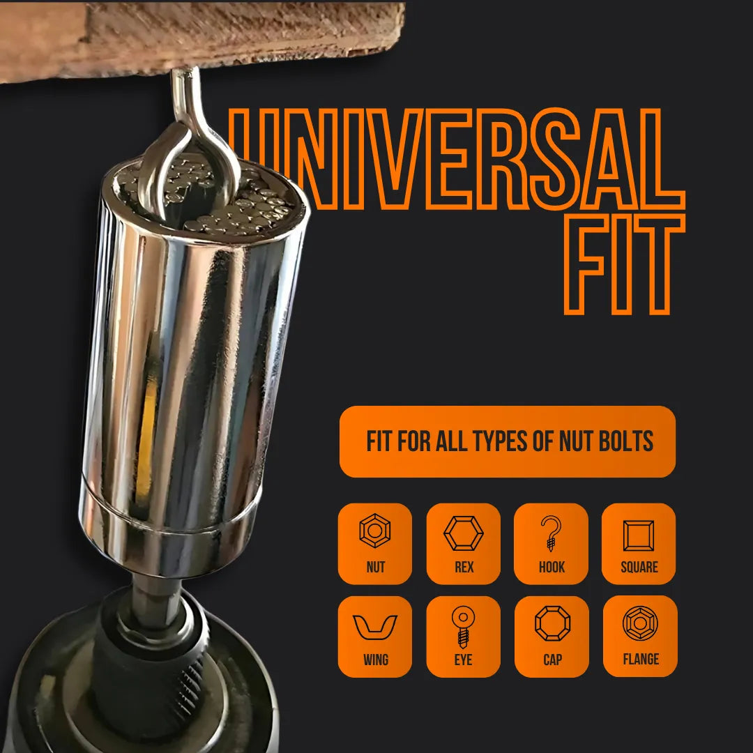 Universal socket tool fits various bolt types, shown gripping a hook under wood, black background.