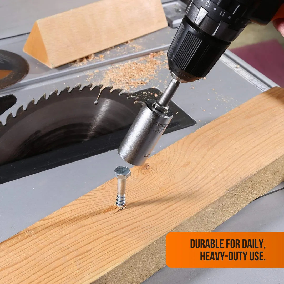 Socket drill bit driving bolt into wood plank near table saw, durable for heavy-duty use