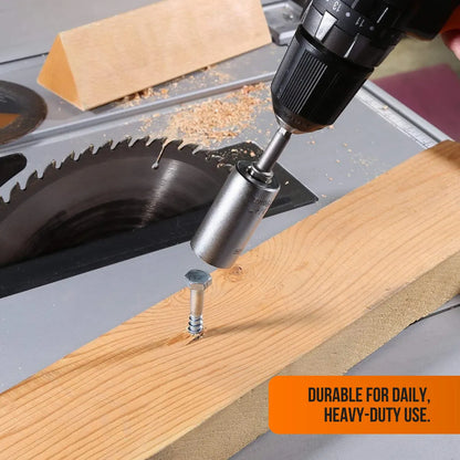 Socket drill bit driving bolt into wood plank near table saw, durable for heavy-duty use