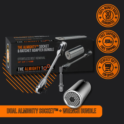 Almighty socket and ratchet adapter bundle with wrench, universal tool gift set