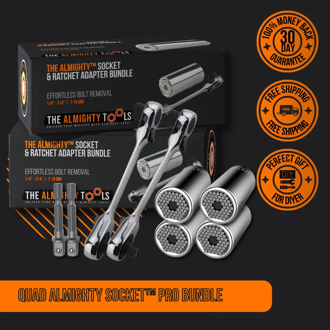 Quad Almighty Socket Pro Bundle with ratchets, adapters, and product packaging on black background