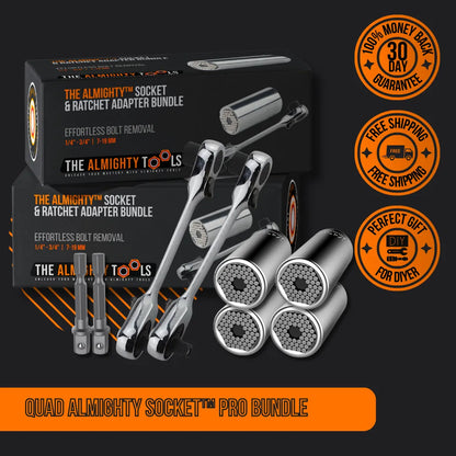 Quad Almighty Socket Pro Bundle with ratchets, adapters, and product packaging on black background
