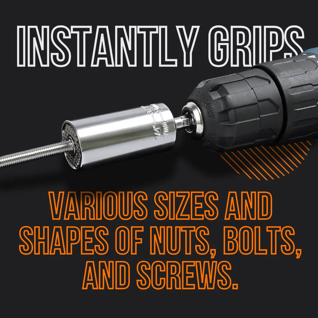 Universal socket adapter attached to drill gripping a bolt, text promotes gripping nuts, bolts, screws.