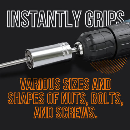 Universal socket adapter attached to drill gripping a bolt, text promotes gripping nuts, bolts, screws.
