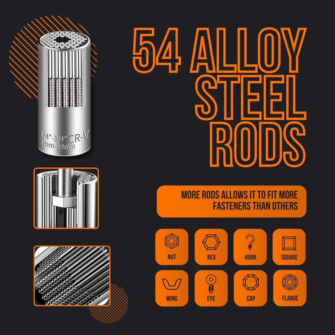 Universal socket tool with 54 alloy steel rods, fits nuts, hooks, square and hex fasteners.