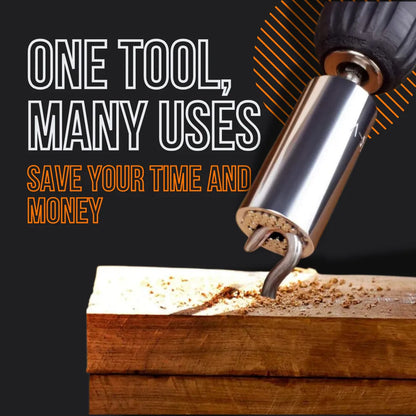 Universal socket drill attachment carving wood, with text 'One tool, many uses, save time and money'.