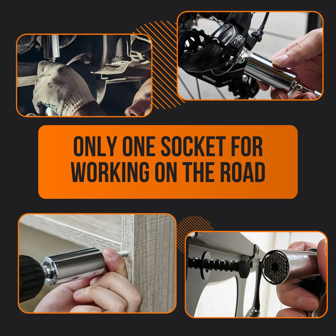 Universal socket tool used on car, bike, furniture, and bolts with text: Only one socket for working on the road