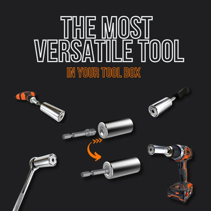Universal socket tool attachments for drills and wrenches on black background with text.