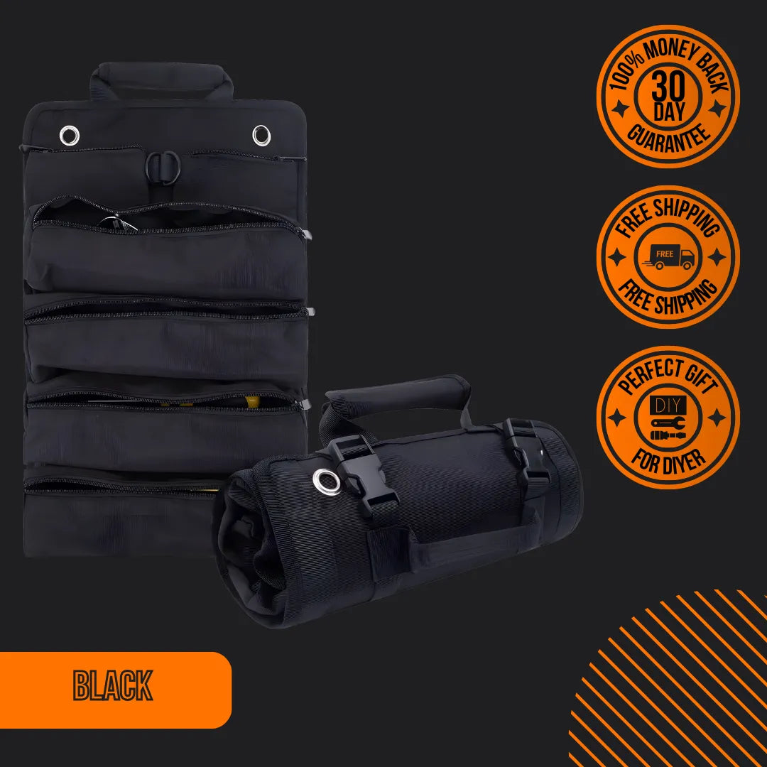 Black tool organizer bag with zippered pockets, rolled and open, DIY gift idea, free shipping