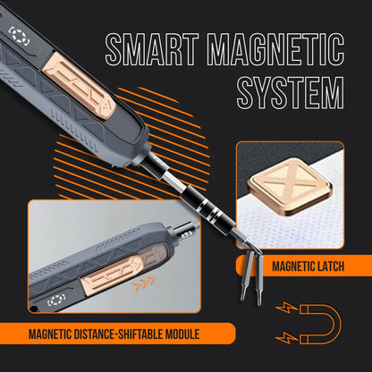 Multifunctional magnetic screwdriver with smart system, distance-shiftable module, and latch