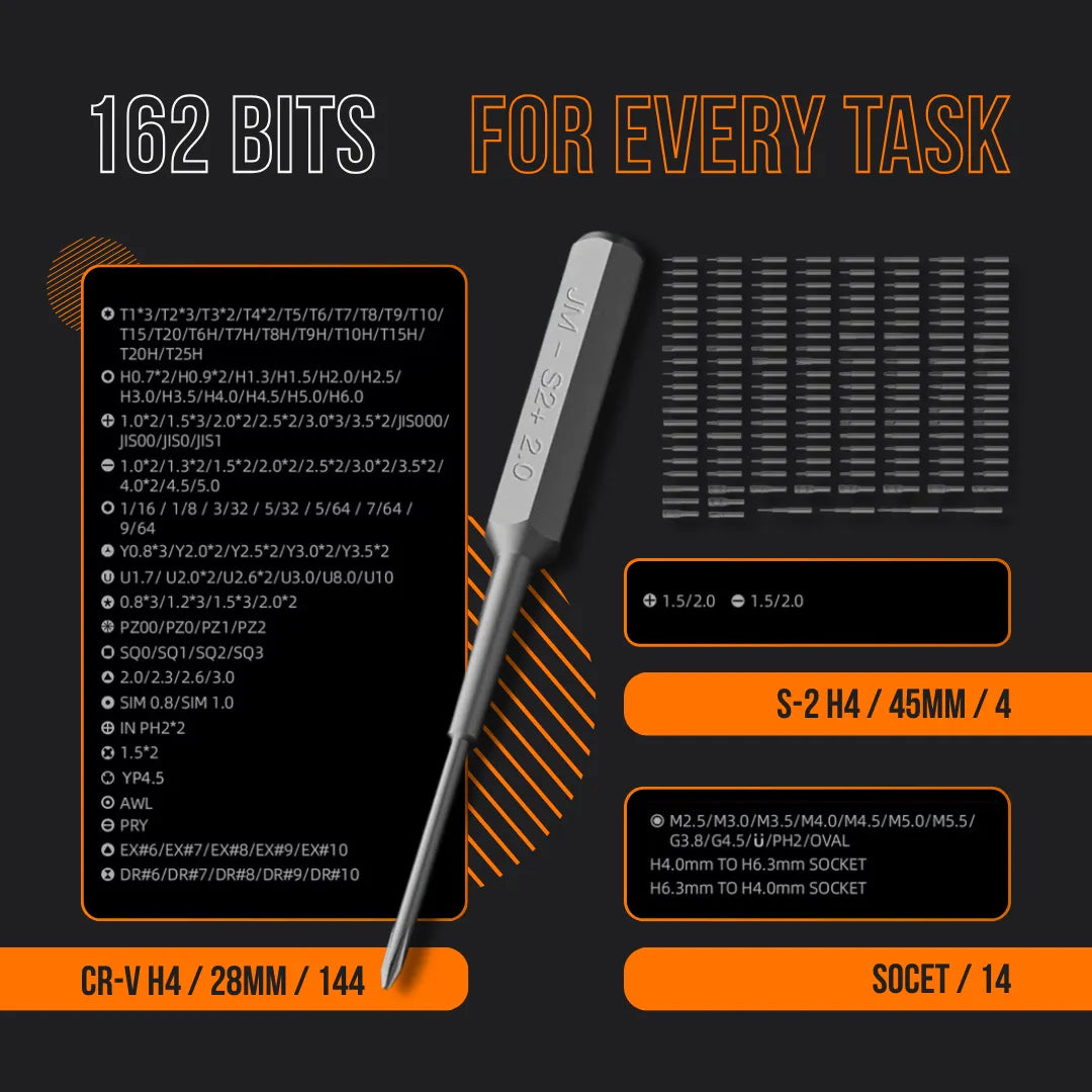 Screwdriver bit set with 162 precision bits, labeled types, sizes, and organized layout on dark background.