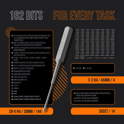 Screwdriver bit set with 162 precision bits, labeled types, sizes, and organized layout on dark background.