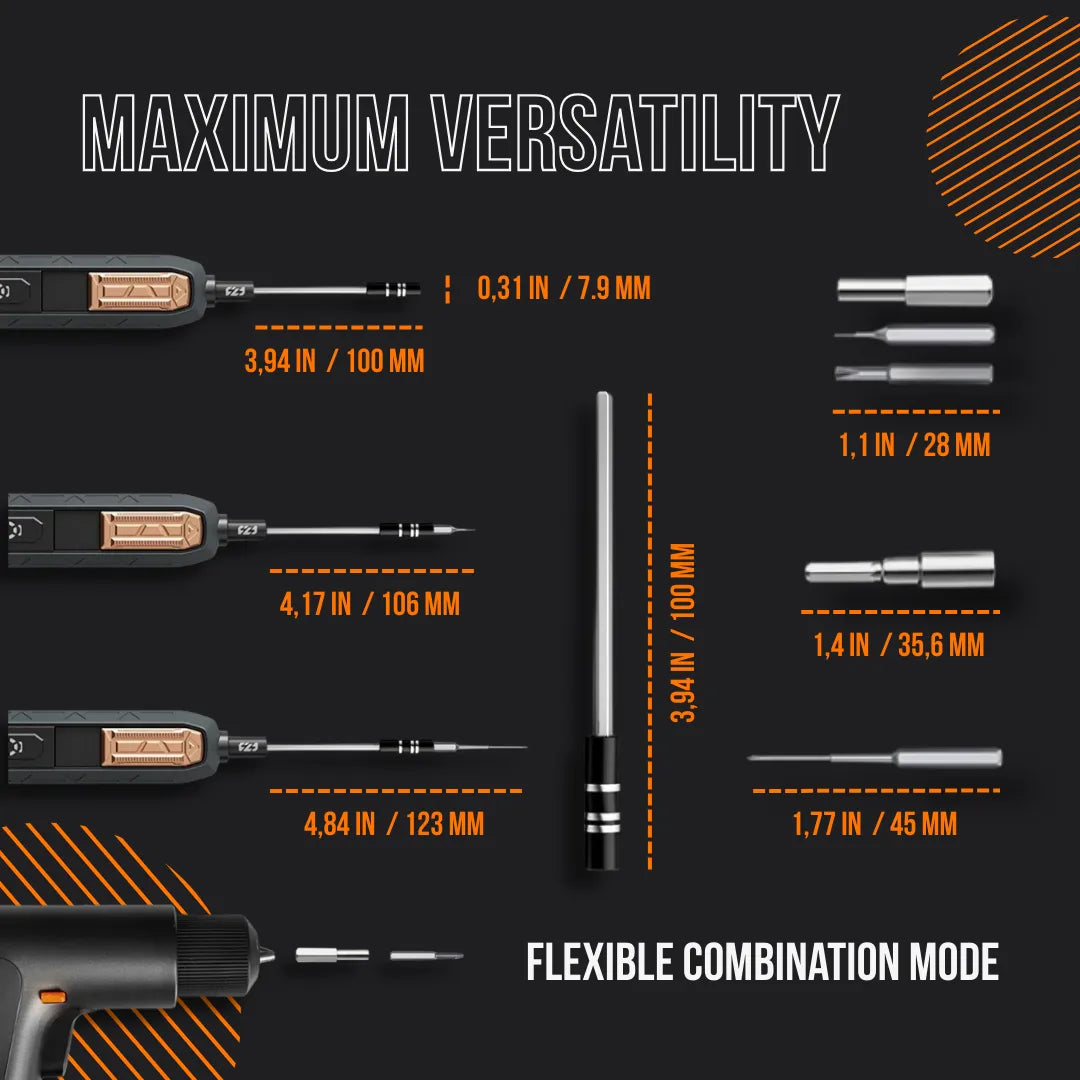 180-in-1 screwdriver kit showing multiple bits, handle, extension rod, and precise measurements.