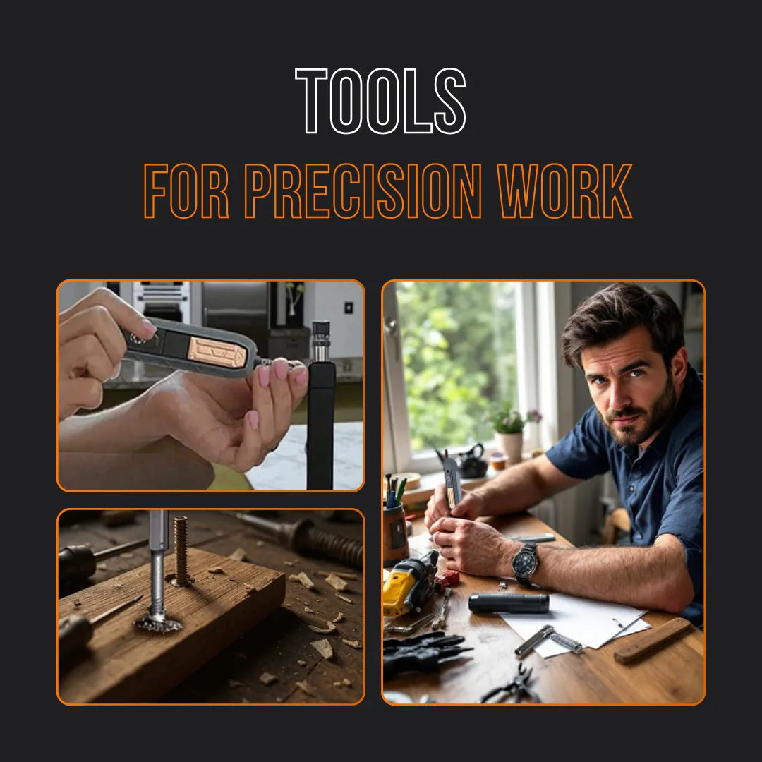 Precision screwdriver tool kit with close-up shots and man using tool at workbench