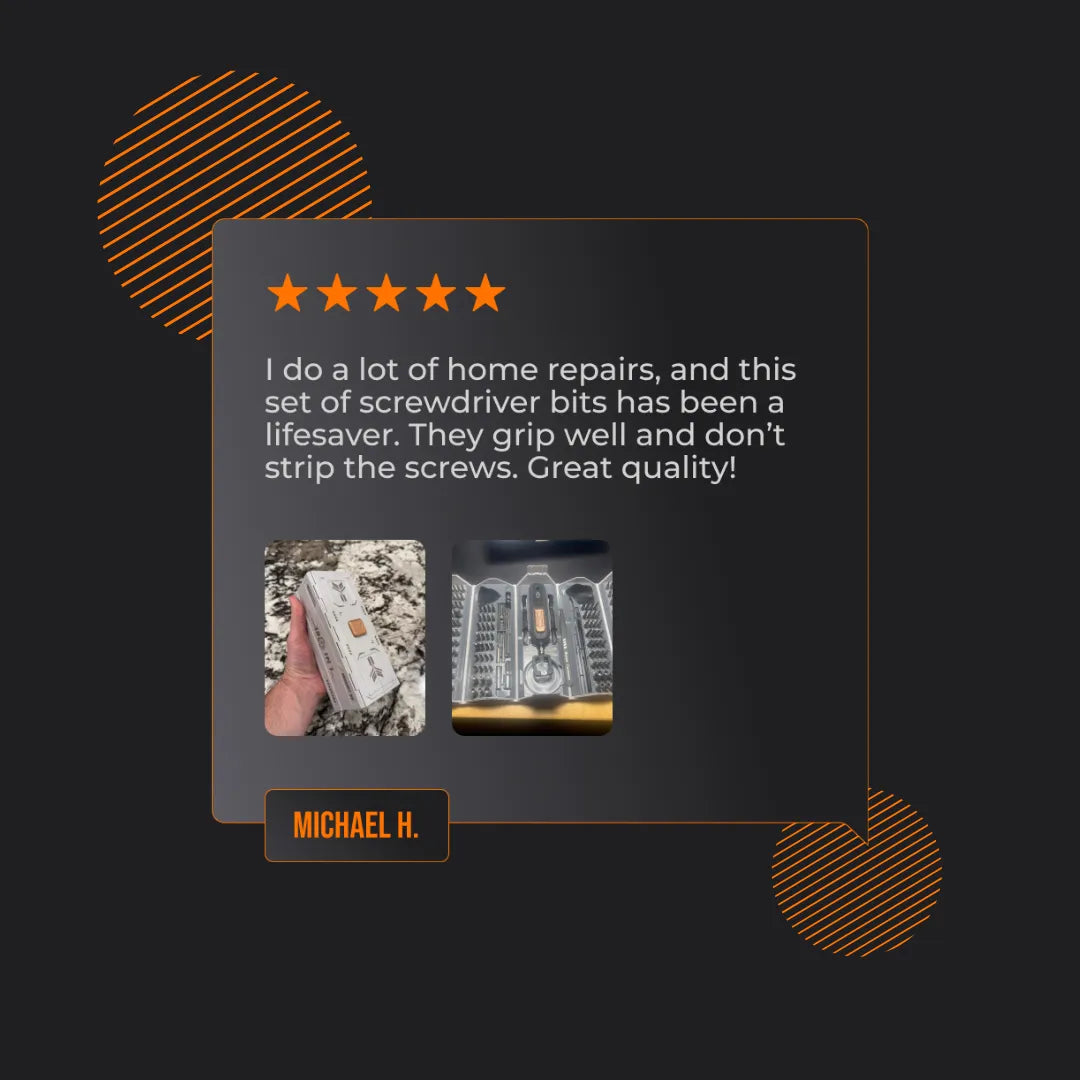 Customer review with five stars, images of 180-in-1 screwdriver bit set, and praise for quality.
