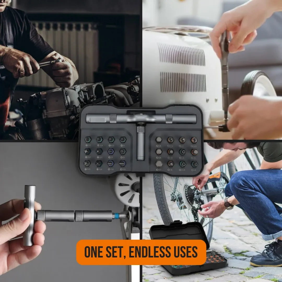 24-in-1 ratchet screwdriver set used for bike, appliance, and mechanical repairs