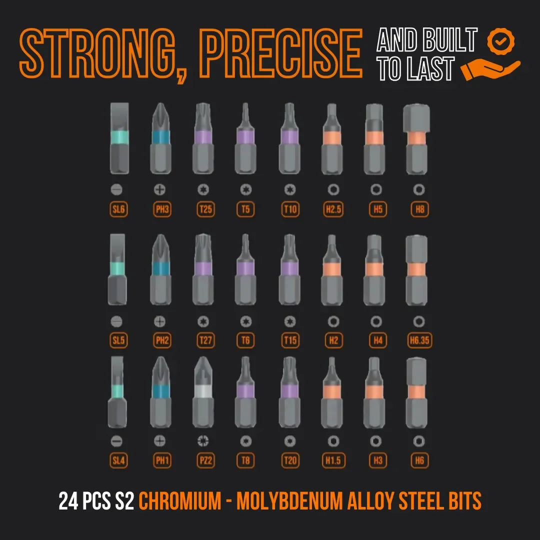 24-piece S2 chromium molybdenum alloy steel screwdriver bits, labeled for strength and precision.