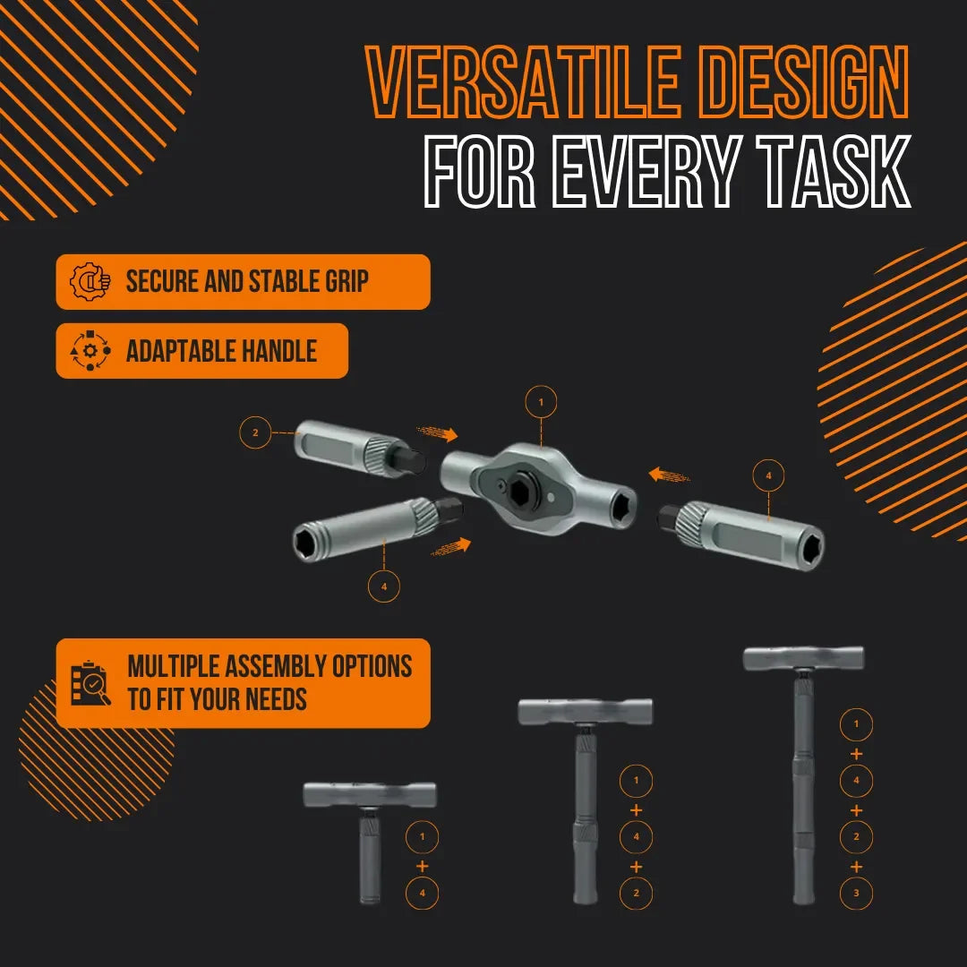 24-in-1 ratchet screwdriver with adaptable handle, modular design, and multiple assembly options