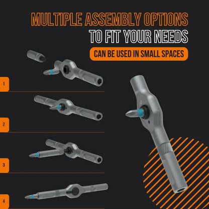 24-in-1 ratchet screwdriver assembly options shown on black background with orange text.