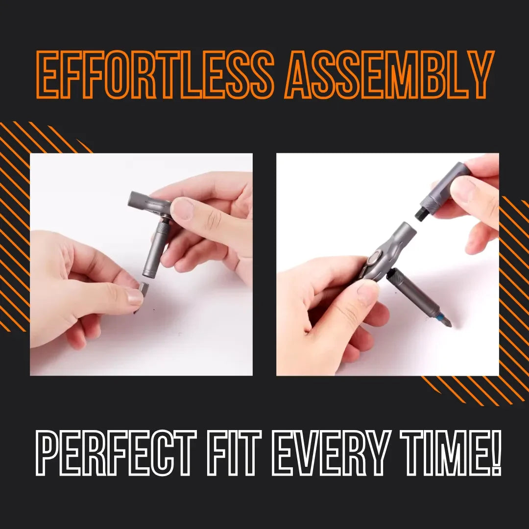 Hands assembling a 24-in-1 ratchet screwdriver, easy assembly, perfect fit tool