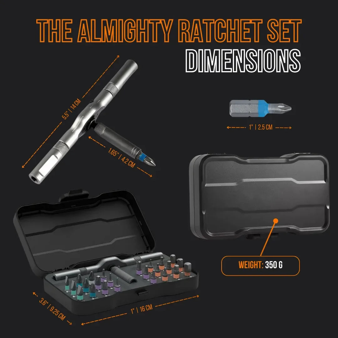 24 in 1 ratchet screwdriver set with bits, black case, and size dimensions labeled