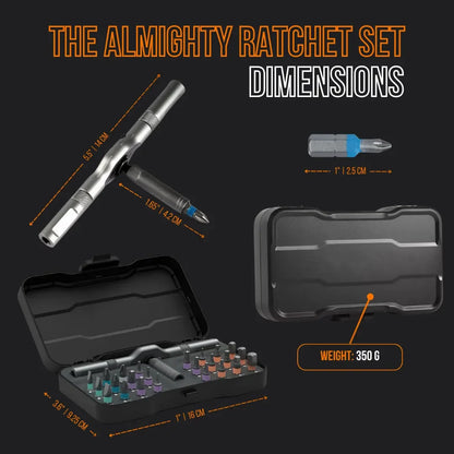 24 in 1 ratchet screwdriver set with bits, black case, and size dimensions labeled
