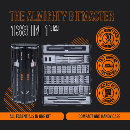 Almighty BitMaster 138 in 1 screwdriver set with compact black case and organized bits.