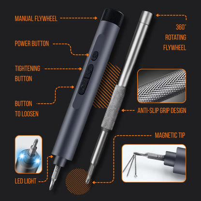 Electric screwdriver with LED light, magnetic tip, anti-slip grip, and control buttons