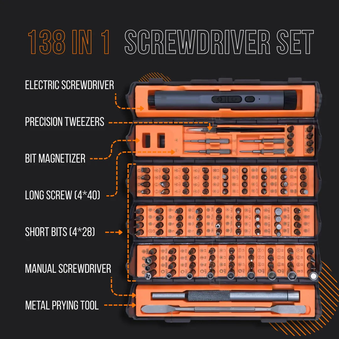 138 in 1 screwdriver set with electric screwdriver, tweezers, magnetizer, bits, and pry tool