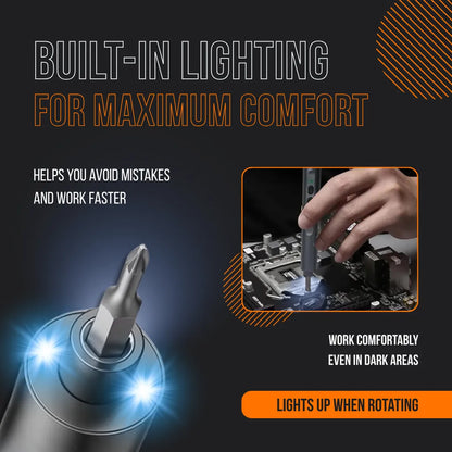 Electric screwdriver with built-in LED lighting used for electronics repair, close-up on circuit board.