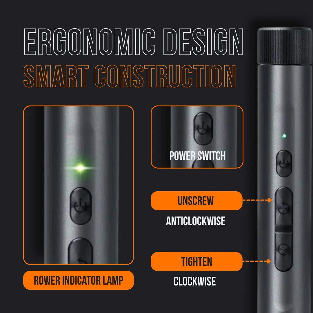 Ergonomic electronic tool with power switch, LED indicator, labeled controls and metal body