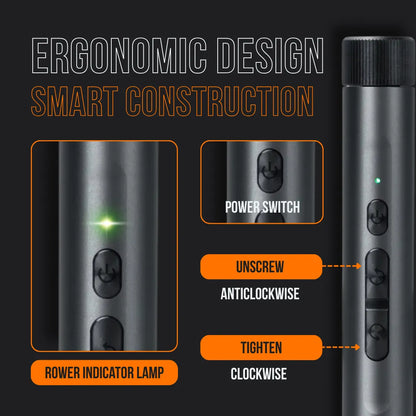 Ergonomic electronic tool with power switch, LED indicator, labeled controls and metal body