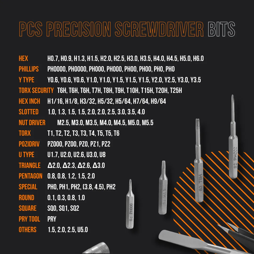 Precision screwdriver bits set list with various bit types and metal bits on black background