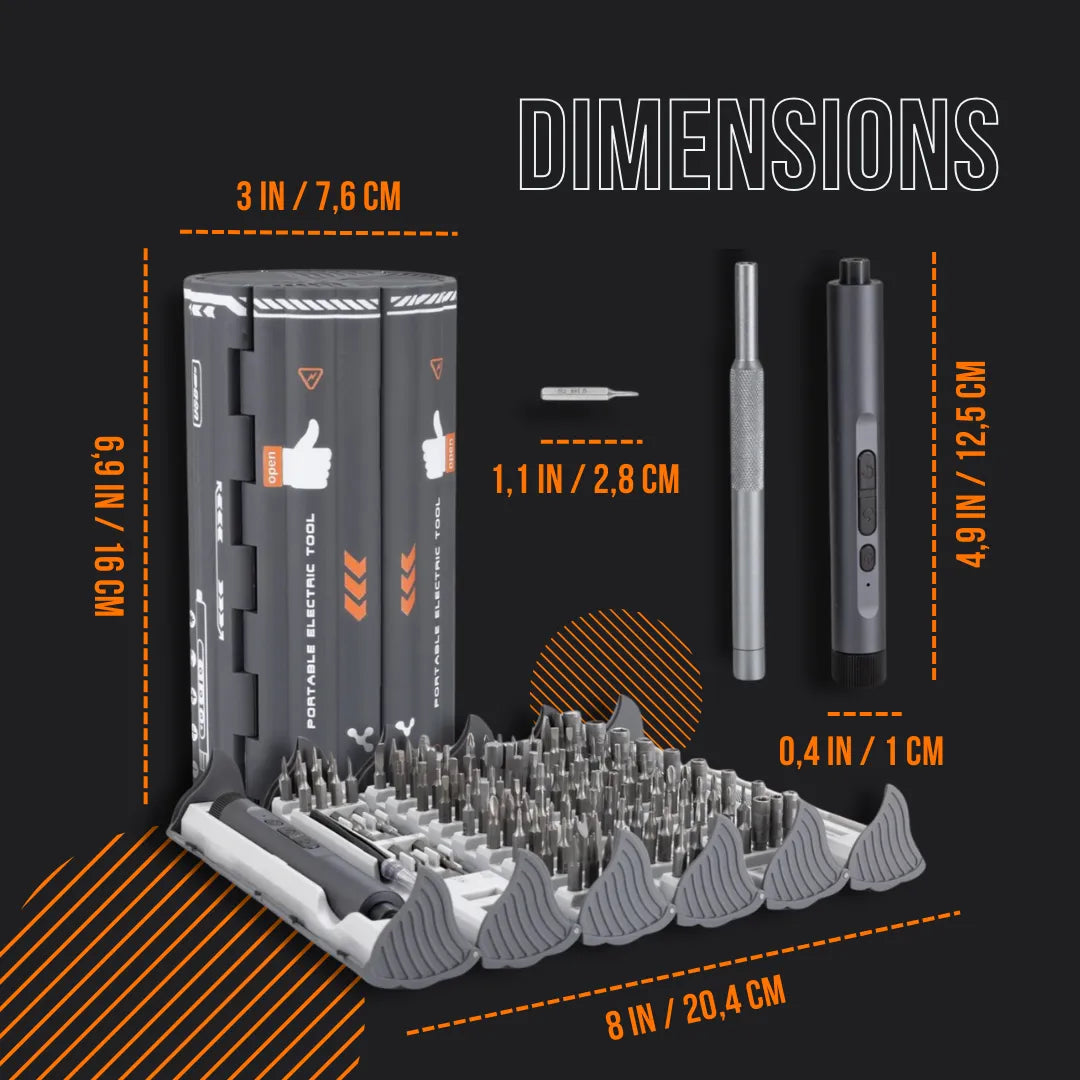 138-in-1 BitMaster electric screwdriver set with case and bit dimensions on dark background