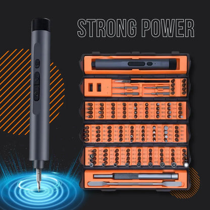 Electric precision screwdriver kit with multiple bits and strong power text on black background